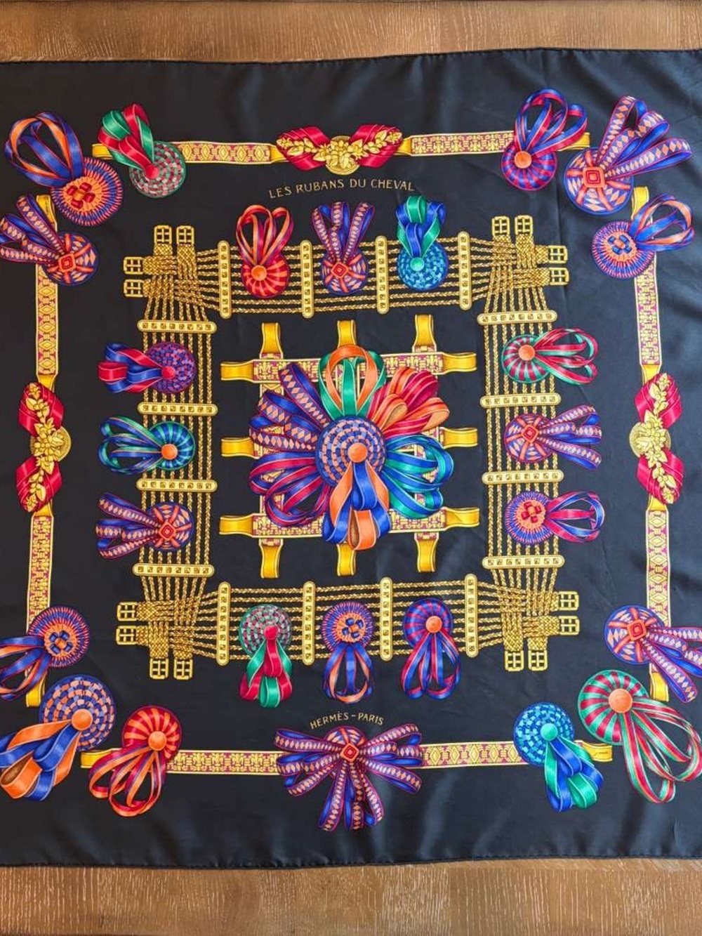 Hermes Les Rubans du Cheval Carre 90 Silk Scarf Black Multicolor Made in France